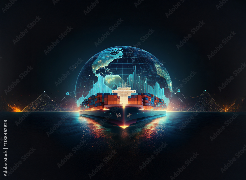 Leinwandbilder A container ship sails before a glowing digital globe, symbolizing global trade and interconnectedness.  Data streams visualize worldwide shipping networks and economic flows.
