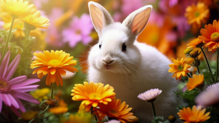 White rabbit exploring a vibrant flower garden filled with colorful blossoms during a sunny day in spring