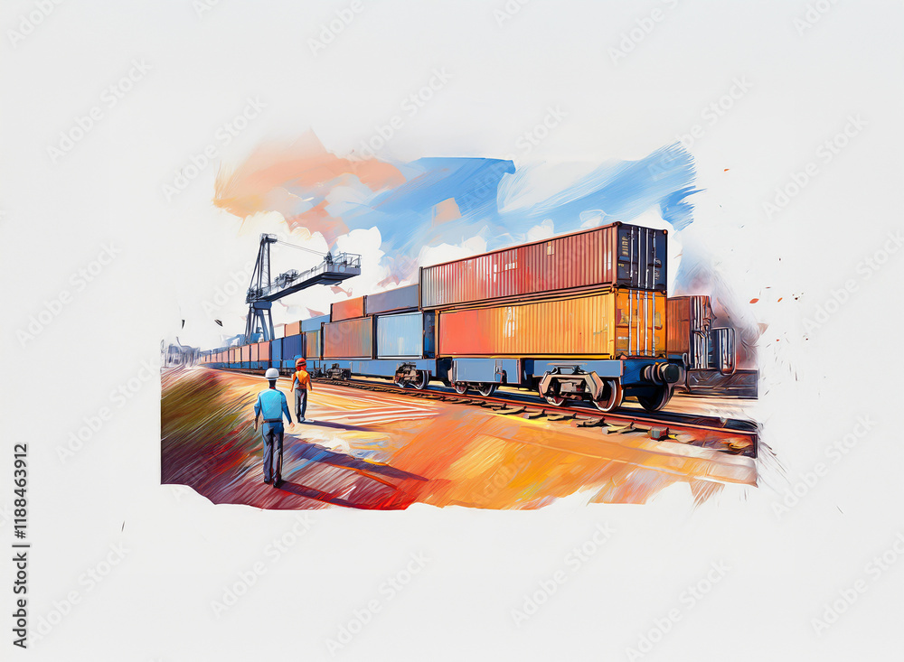Poster a stylized painting depicts a cargo train with colorful shipping containers at a port, being loaded 