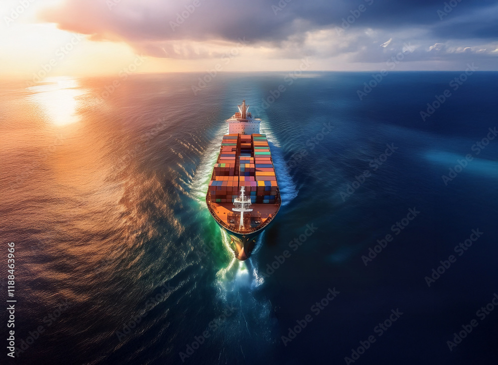 Poster a large container ship cuts through dark blue ocean waves, sunlight gleaming on the water's surface 