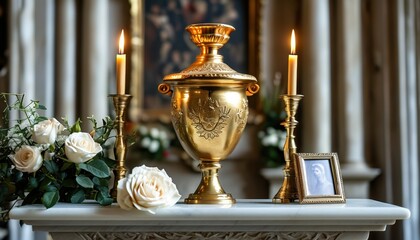 Elegant golden urn with candles and white roses arrangement