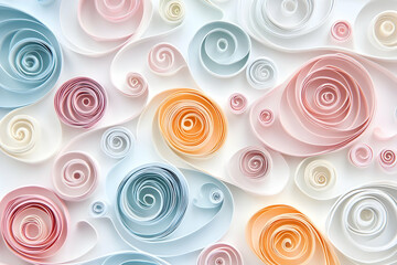 Beautiful paper quilling with pastel swirls and spirals on a white background. -