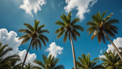 Obraz premium Green palm trees against blue sky and white clouds. Tropical jungle forest with bright blue sky, panoramic nature banner. Idyllic natural landscape, looking up, low point of view. Summer traveling