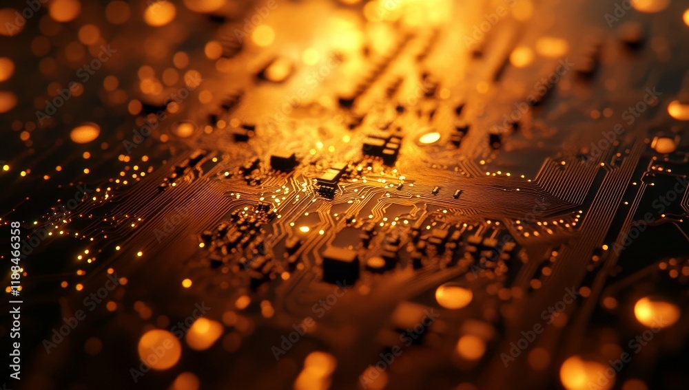 Aufkleber Close-up of illuminated circuit board with glowing components.