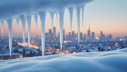 Icicles hanging over snowy cityscape at dusk
