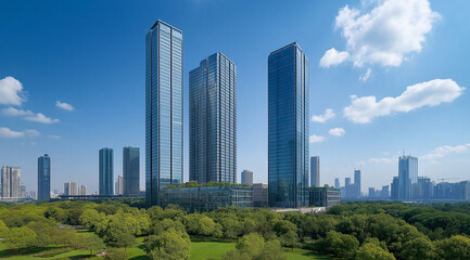 Naklejka premium Modern skyscrapers surrounded by lush greenery under a clear blue sky, showcasing urban and eco friendly harmony.
