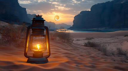 Illuminated Lantern in a Desert Canyon at Sunset