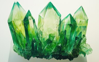 A glowing emerald crystal with vivid green tones and sharp edges on a clean white canvas