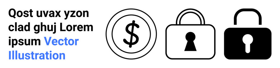 Dollar sign symbol inside coin, briefcase with keyhole symbol, lock symbol with keyhole. Ideal for financial security, data protection, confidential transactions, secure communication, fintech apps