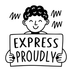 A glyph sticker of a person with pink hair holding a sign that says express proudly