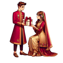 AI generative, A young couple in a festive sherwani and a gharara. Exchanging gifts in a modern cartoon art style with ruby, beige, and bronze colors.