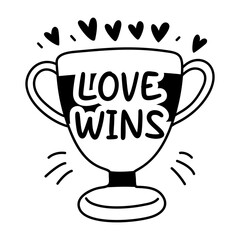 A glyph sticker of pride trophy with a rainbow design and the text love wins 