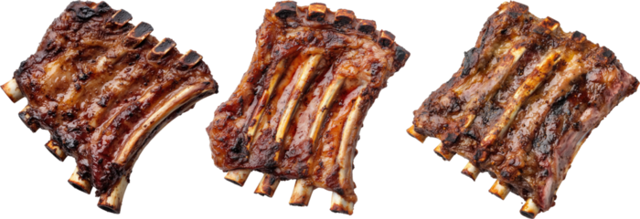 BBQ Pork Ribs Trio, A trio of succulent, fall off the bone BBQ pork ribs isolated on transparent background
