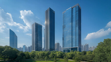 A business district with tall glass buildings and green spaces, representing corporate ESG and sustainable urban development.