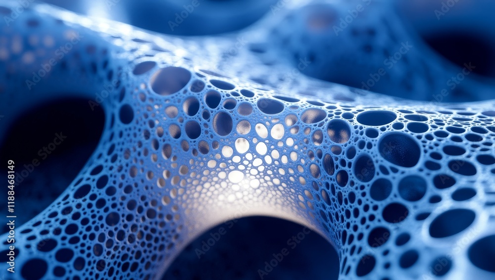 Poster Abstract 3D rendering of a blue porous structure with glowing interior.