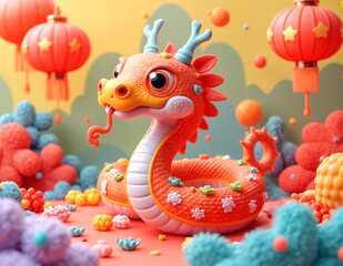 Playful Dragon-Inspired Snake Figure with Lanterns and Festive Decor for Lunar New Year