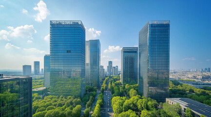 Modern cityscape with towering glass buildings surrounded by lush green landscapes, showcasing urban sustainability.