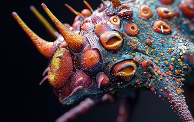 A highly detailed close-up of a single virus structure with bold colors and sharp textures, floating ominously