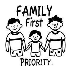 Queer couple with kid and text family first priority, glyph style sticker