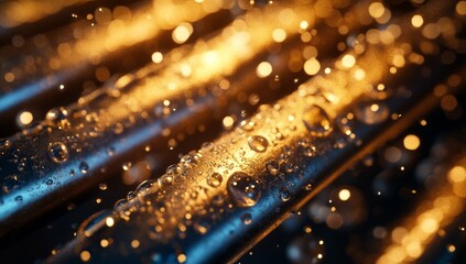 Close-up of wet metallic grill bars with warm light and water droplets.