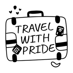A glyph sticker featuring a suitcase with the text travel with pride 