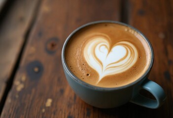 Heart latte art in ceramic mug on rustic wooden table for Valentine&rsquo;s Day