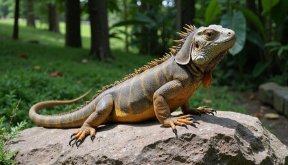 Obraz premium Common iguana basking in the sun on a rock in a tropical setting 