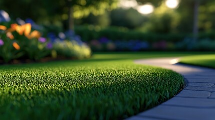 Fototapeta premium Serene Garden Path at Sunset: Lush Green Grass and Flowers