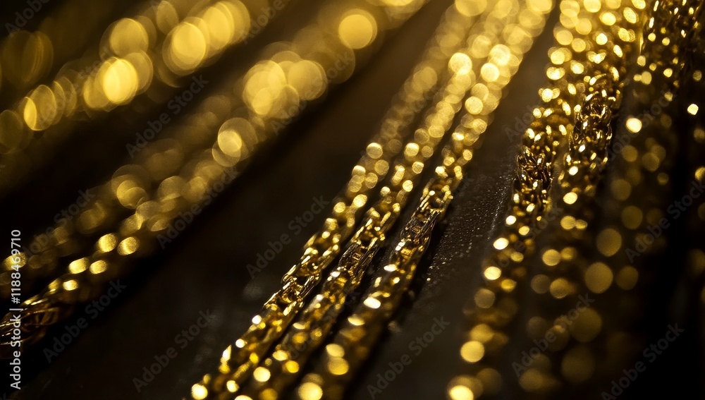 Poster Gleaming gold chains on dark background with bokeh lights.