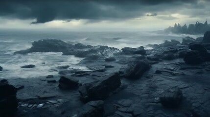 Obraz premium Dark Stormy Seascape Rugged Coastline Rocks