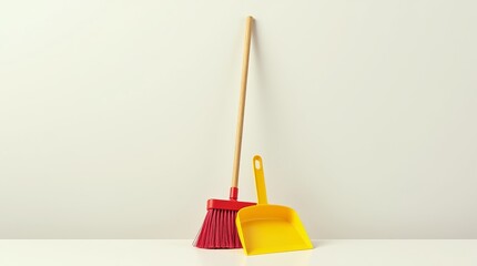 A practical and clean image of a broom and dustpan set against a bright, uncluttered background, showcasing their functionality and essential role in maintaining a tidy home environment.