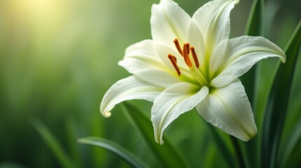 A stunning close-up of an Easter lily in full bloom, showcasing its delicate white petals and vibrant green leaves, symbolizing purity and renewal during the Easter season