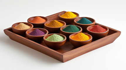Naklejka premium Assorted Holi powders in wooden bowls on a wooden tray
