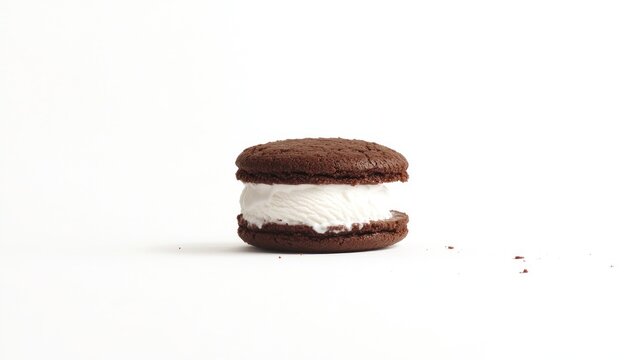 Chocolate cookie sandwich with vanilla ice cream on white background.