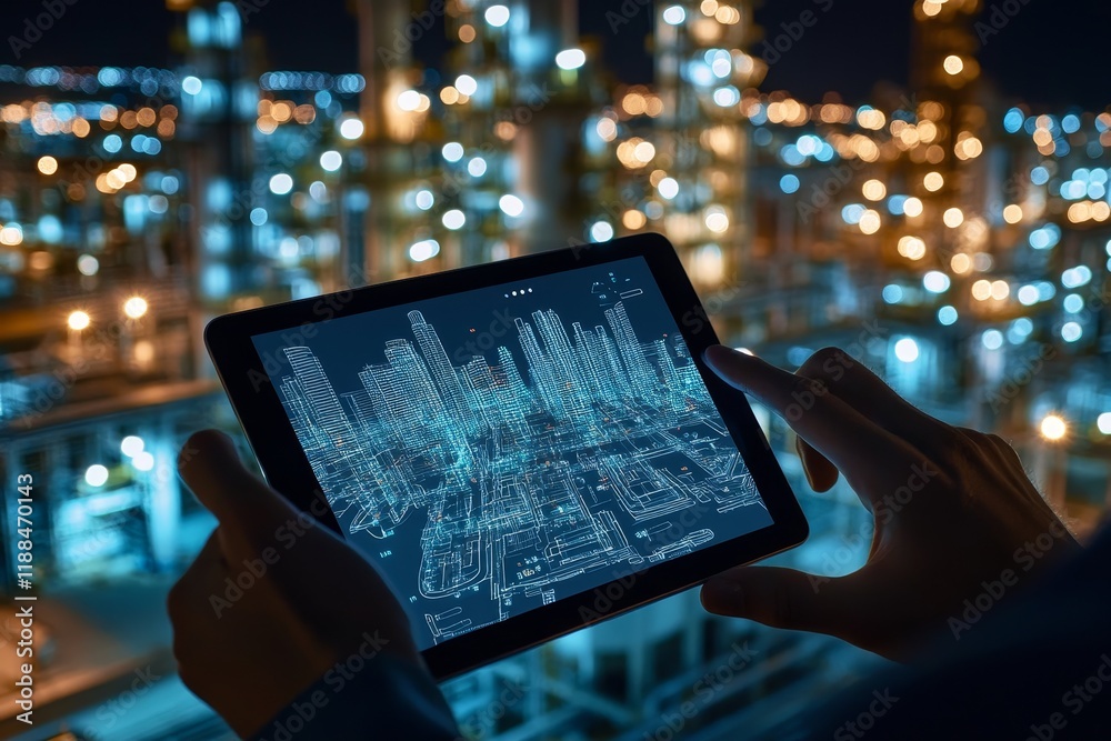 Aufkleber night view of person using tablet showing digital city model against refinery background.