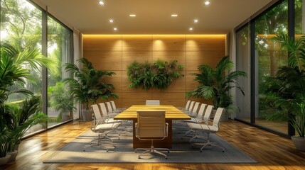 Fototapeta premium Modern office meeting room, wood paneling, lush greenery, sunny.