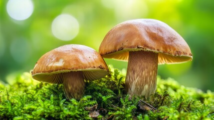 Two mushrooms growing on mossy ground, macro photography, bokeh, sunlight, bright, green background.