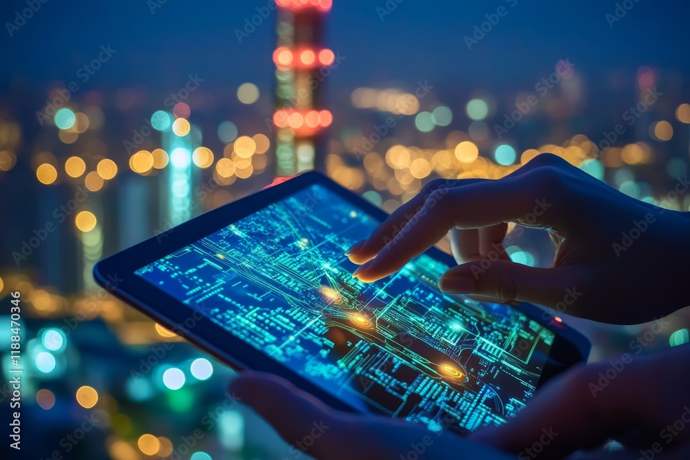 Poster Person using tablet with data visualization at night.