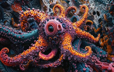 A highly detailed close-up of a single virus structure with bold colors and sharp textures, floating ominously