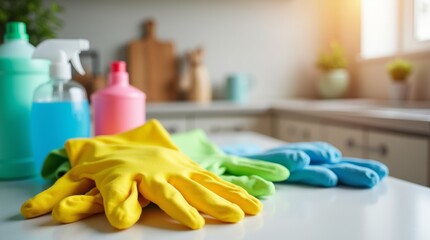 A vibrant image of a pair of colorful cleaning gloves resting on a kitchen countertop, surrounded by cleaning supplies, showcasing their essential role in maintaining a clean and hygienic home environ