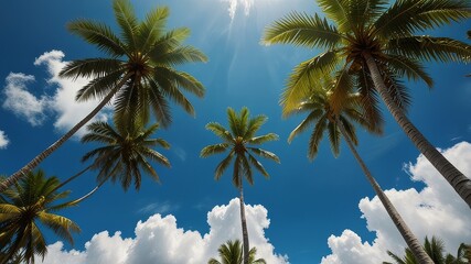 Green palm trees against blue sky and white clouds. Tropical jungle forest with bright blue sky, panoramic nature banner. Idyllic natural landscape, looking up, low point of view. Summer traveling