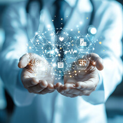 Ai generates healthcare innovations male doctor holding medical icons in a digital environment for enhanced patient care