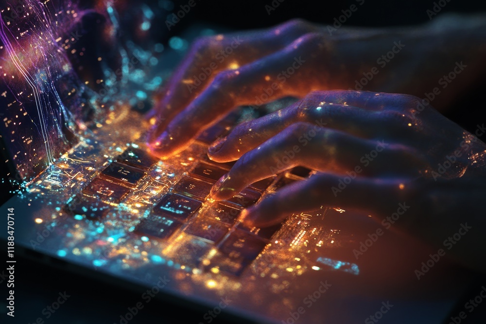 Poster Glowing hands typing on a laptop keyboard, digital data streams flow.