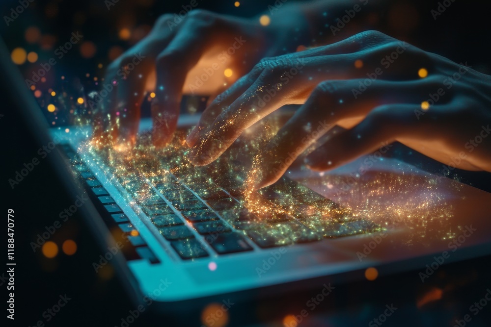 Poster Hands typing on laptop keyboard with glowing particles.