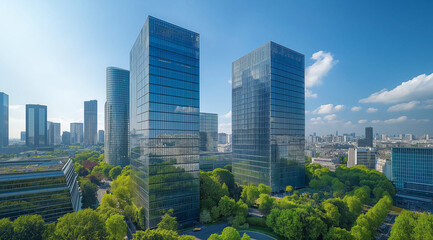 Obraz premium Modern corporate buildings surrounded by nature, symbolizing ESG and environmental awareness for innovative designs