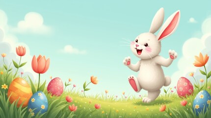 Fototapeta premium A whimsical illustration of the Easter Bunny joyfully hopping through a colorful spring meadow, surrounded by blooming flowers and decorated Easter eggs