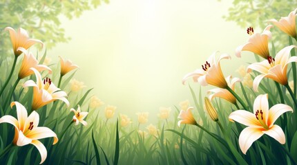 An artistic illustration of Easter lilies in a garden setting, with multiple blooms and lush greenery, symbolizing the beauty and renewal of the Easter season, perfect for spring-themed decor