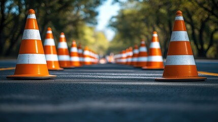Orange traffic cones arranged in row on road. Roadwork ahead. Day clear, sunny. Safety procedures in place to warn drivers, pedestrians. Road management prevents accidents. Environment urban, cones