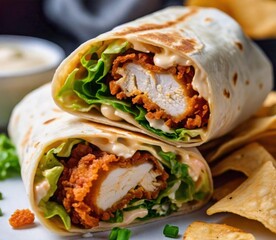 A serving of zinger wrap filled with crispy fried chicken, lettuce, and mayo wrapped in a tortilla