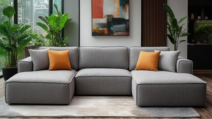 Modern sectional sofa in living room with city view.